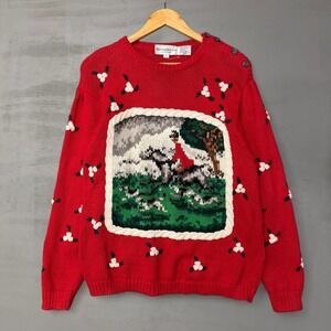 The Eagle's Eye Vintage 1991 Horse Riding Scene Sweater Red Floral Knit Large